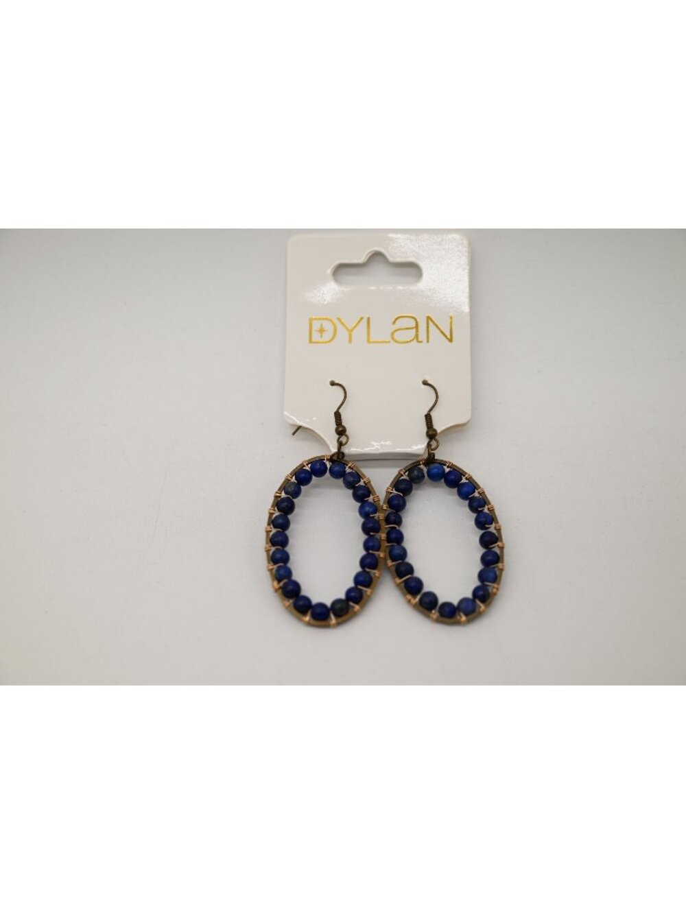 NWT Dylan Jewelry Calista Blue Brassy Tone Dangle Earrings Beaded Oval Statement